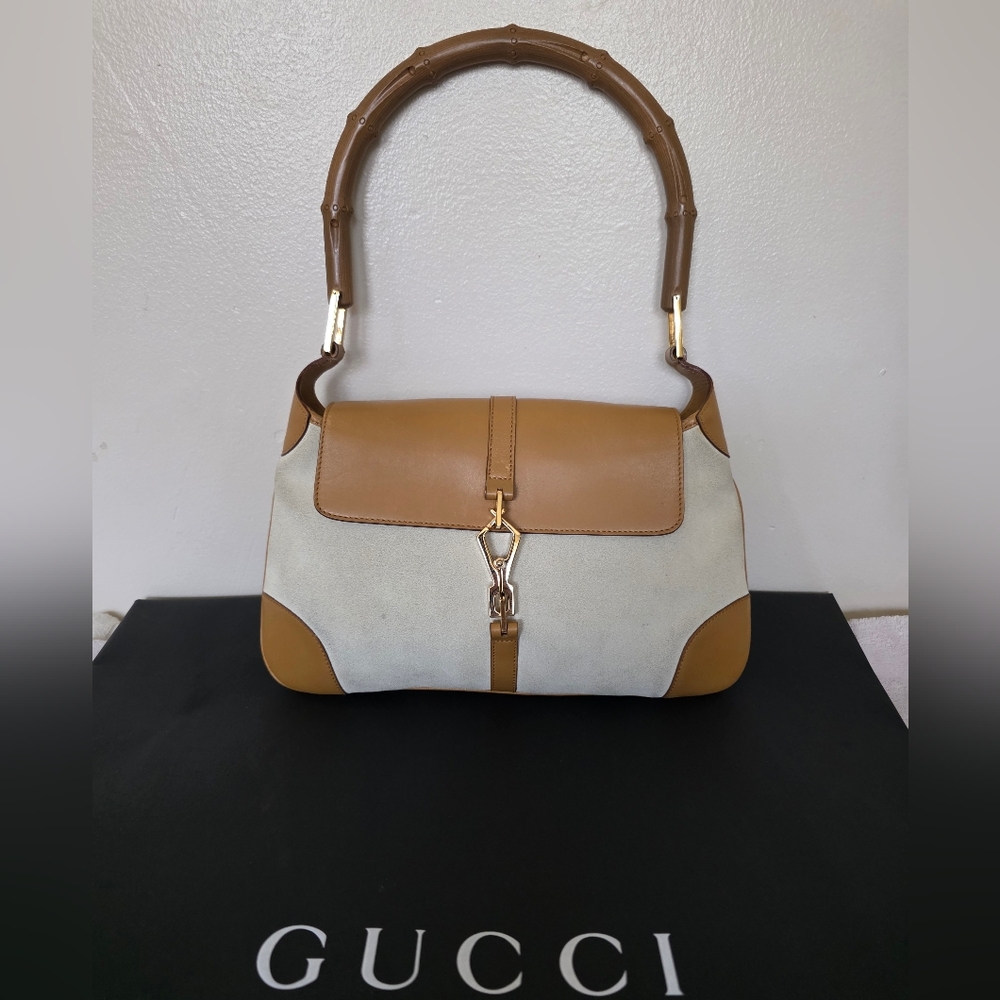Authentic Vintage Gucci Bamboo Jackie Taupe Suede Leather Hobo Shlder Bag w/ COA